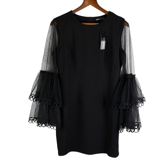 Ina Black Cocktail Party Evening Dress Sheer Bell Sleeve Details Size L - Picture 6 of 15